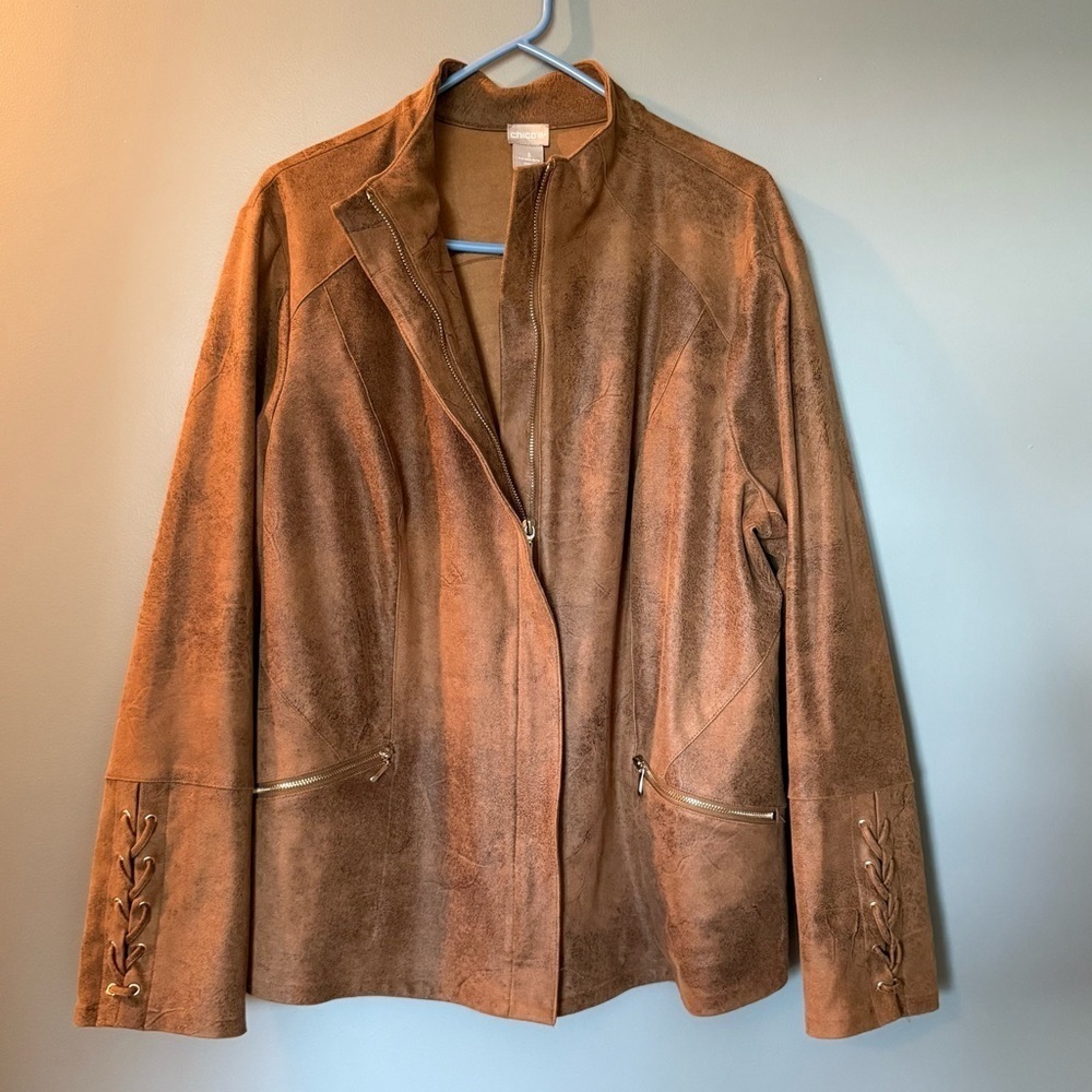 Chico's Faux Suede Jacket Size 3 PTP 26" Washable‎ & Braided Sleeve, Full Zip